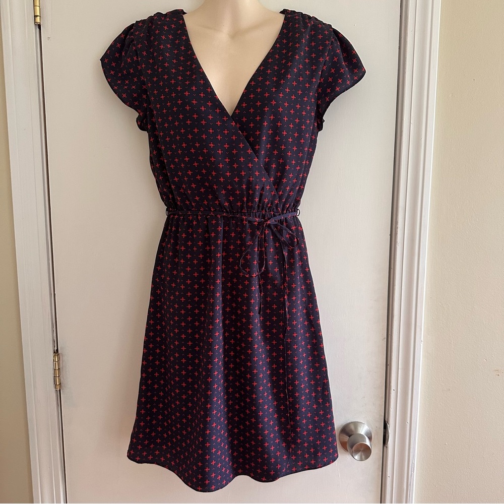 Navy Blue & Red GAP Faux Wrap Midi Dress Sz Small EUC!